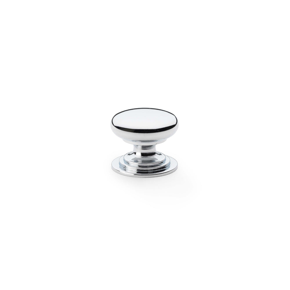 High quality image of Alexander & Wilks Waltz Round Cupboard Knob on Stepped Rose - Polished Chrome - 25mm | Sku. aw825-25-pc | Trade Door Handles.