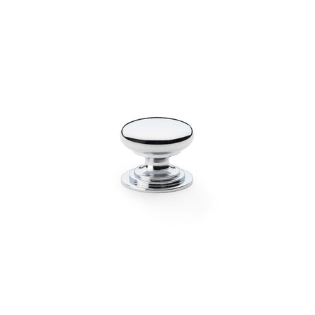 High quality image of Alexander & Wilks Waltz Round Cupboard Knob on Stepped Rose - Polished Chrome - 25mm | Sku. aw825-25-pc | Trade Door Handles.