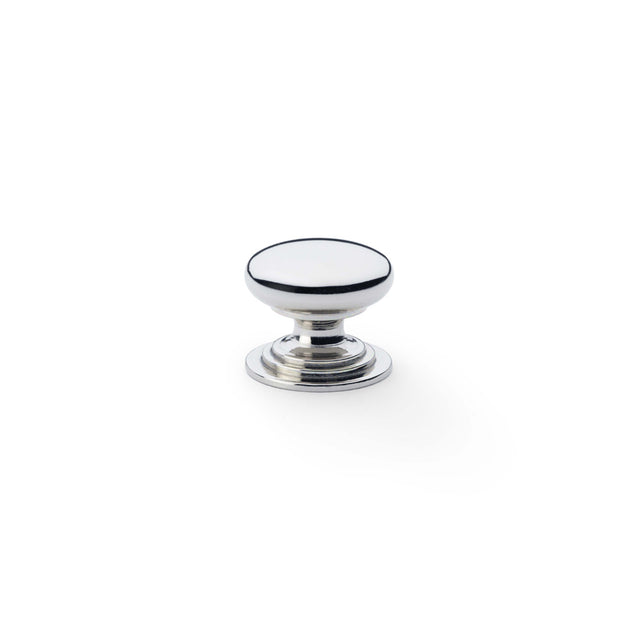 High quality image of Alexander & Wilks Waltz Round Cupboard Knob on Stepped Rose - Polished Nickel - 25mm | Sku. aw825-25-pn | Trade Door Handles.