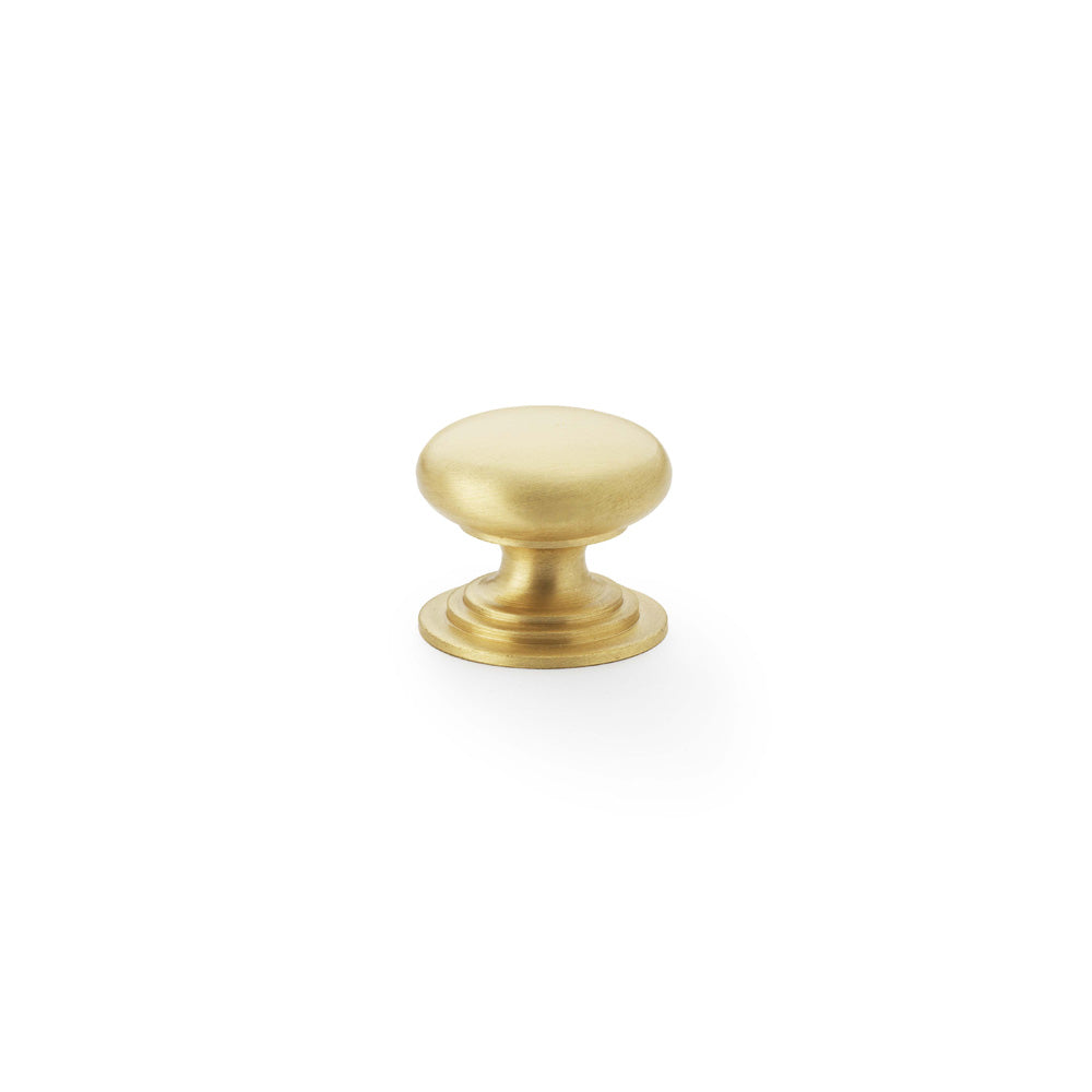 High quality image of Alexander & Wilks Waltz Round Cupboard Knob on Stepped Rose - Satin Brass - 25mm | Sku. aw825-25-sb | Trade Door Handles.