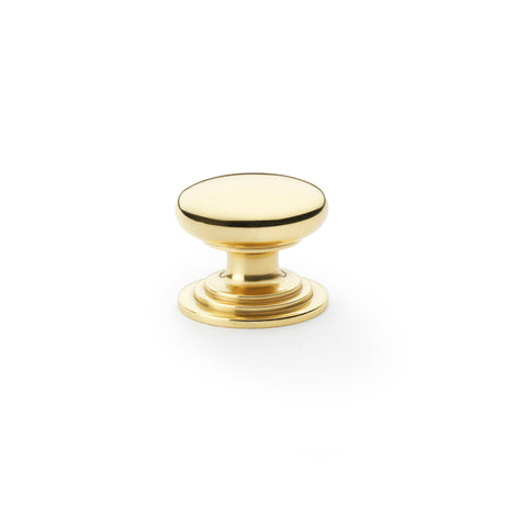 High quality image of Alexander & Wilks Waltz Round Cupboard Knob on Stepped Rose - Polished Brass - 32mm | Sku. aw825-32-pbl | Trade Door Handles.
