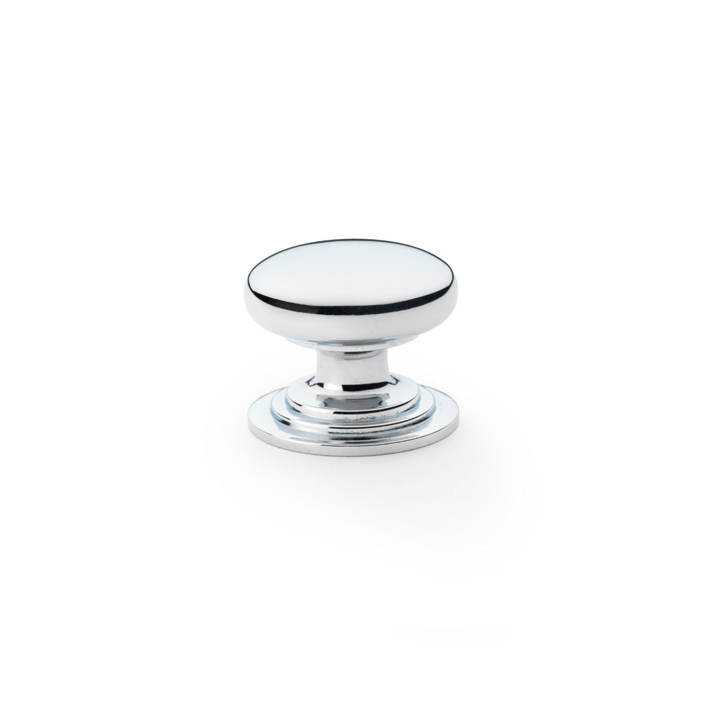 High quality image of Alexander & Wilks Waltz Round Cupboard Knob on Stepped Rose - Polished Chrome - 32mm | Sku. aw825-32-pc | Trade Door Handles.