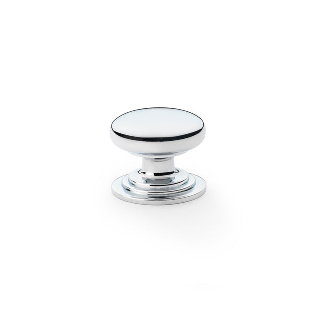 High quality image of Alexander & Wilks Waltz Round Cupboard Knob on Stepped Rose - Polished Chrome - 32mm | Sku. aw825-32-pc | Trade Door Handles.