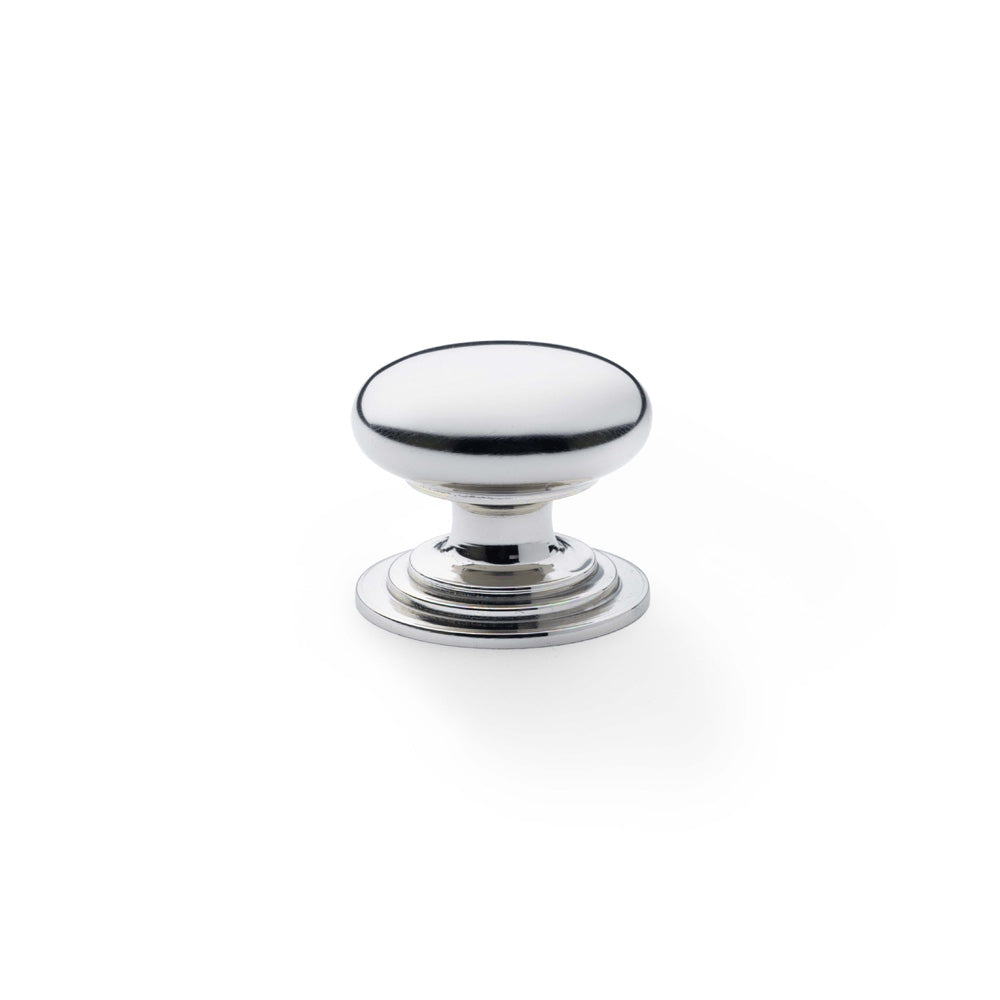 High quality image of Alexander & Wilks Waltz Round Cupboard Knob on Stepped Rose - Polished Nickel - 32mm | Sku. aw825-32-pn | Trade Door Handles.