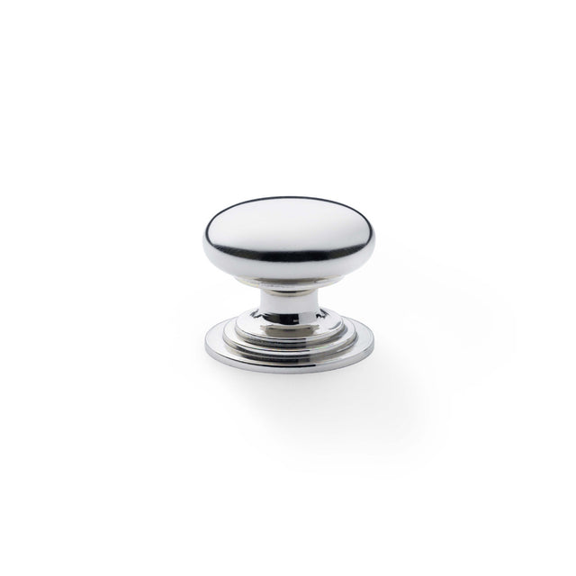 High quality image of Alexander & Wilks Waltz Round Cupboard Knob on Stepped Rose - Polished Nickel - 32mm | Sku. aw825-32-pn | Trade Door Handles.