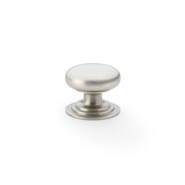 High quality image of Alexander & Wilks Waltz Round Cupboard Knob on Stepped Rose - Satin Nickel - 32mm | Sku. aw825-32-sn | Trade Door Handles.