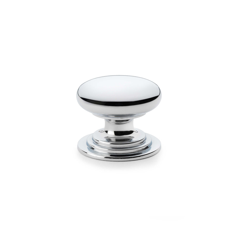 High quality image of Alexander & Wilks Waltz Round Cupboard Knob on Stepped Rose - Polished Chrome - 38mm | Sku. aw825-38-pc | Trade Door Handles.