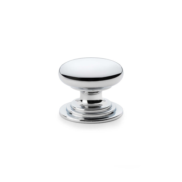 High quality image of Alexander & Wilks Waltz Round Cupboard Knob on Stepped Rose - Polished Chrome - 38mm | Sku. aw825-38-pc | Trade Door Handles.