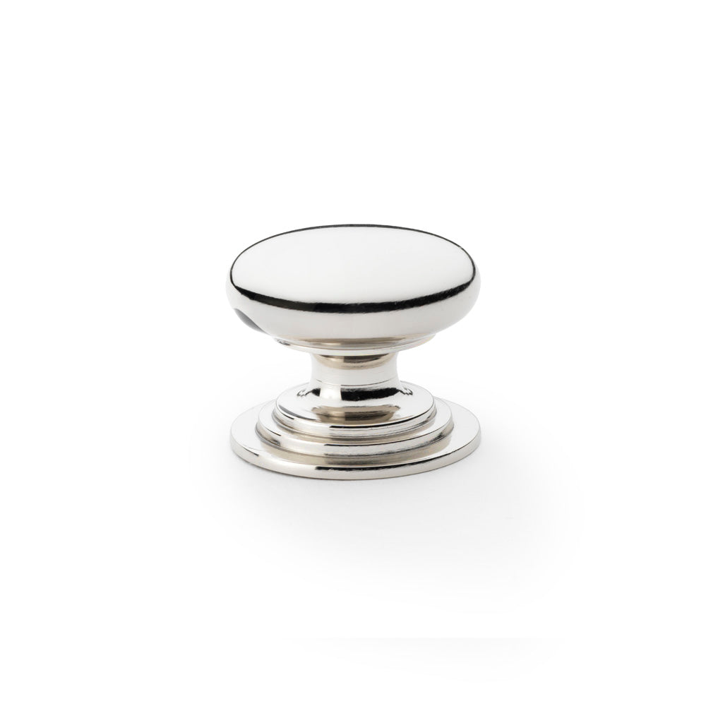 High quality image of Alexander & Wilks Waltz Round Cupboard Knob on Stepped Rose - Polished Nickel - 38mm | Sku. aw825-38-pn | Trade Door Handles.