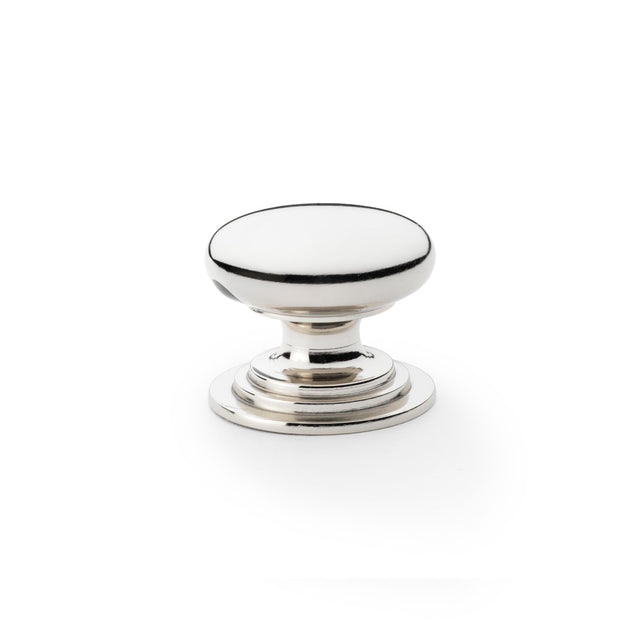 High quality image of Alexander & Wilks Waltz Round Cupboard Knob on Stepped Rose - Polished Nickel - 38mm | Sku. aw825-38-pn | Trade Door Handles.