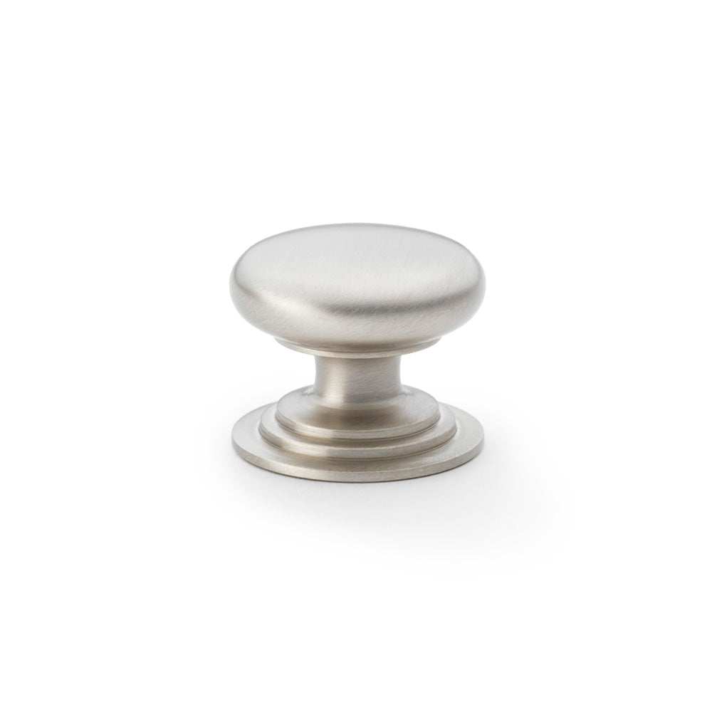 High quality image of Alexander & Wilks Waltz Round Cupboard Knob on Stepped Rose - Satin Nickel - 38mm | Sku. aw825-38-sn | Trade Door Handles.