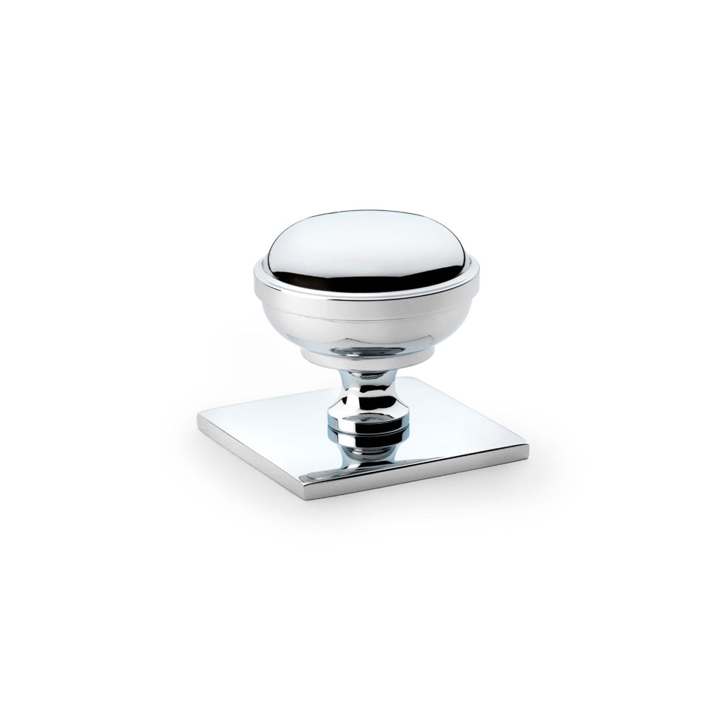High quality image of Alexander & Wilks Quantock Cupboard Knob on Square Backplate - Polished Chrome - 34mm | Sku. aw826-34-pc | Trade Door Handles.