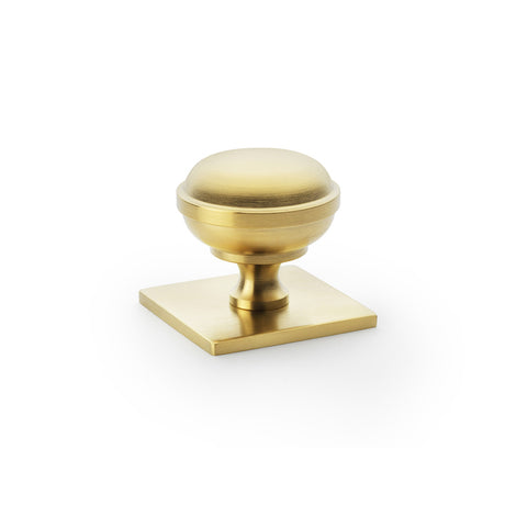 High quality image of Alexander & Wilks Quantock Cupboard Knob on Square Backplate - Satin Brass PVD - 34mm | Sku. aw826-34-sbpvd | Trade Door Handles.