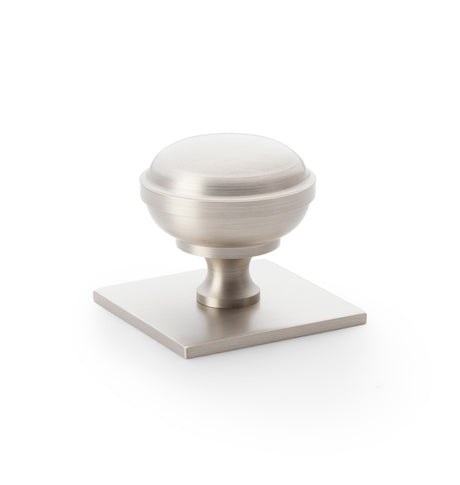 High quality image of Alexander & Wilks Quantock Cupboard Knob on Square Backplate - Satin Nickel - 38mm | Sku. aw826-38-sn | Trade Door Handles.