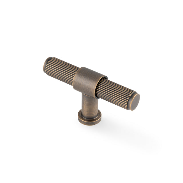 High quality image of Alexander & Wilks Kingston Reeded T-Bar Cupboard Knob-Antique Brass | Sku. AW838R-80-AB | Trade Door Handles.