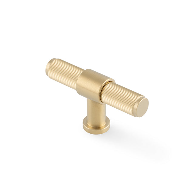 High quality image of Alexander & Wilks Kingston Reeded T-Bar Cupboard Knob-Satin Brass PVD | Sku. AW838R-80-SBPVD | Trade Door Handles.