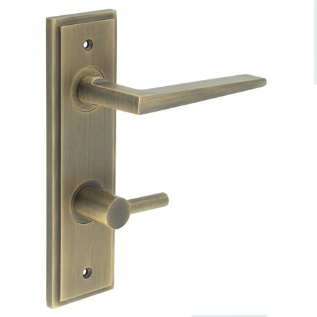 This is an image showing the Frelan - Mayfair Door Handle Din Bathroom Backplate Antique Brass & Turn & Release available to order from Trade Door Handles in Kendal