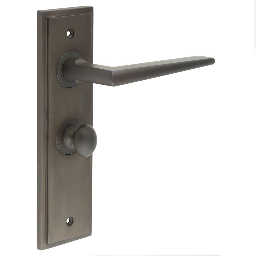High quality image of Frelan - Mayfair Door Handle Bathroom Backplate Dark Bronze & Turn & Release | Sku. bur-10db-453db-80db | available to order from Trade Door Handles in Kendal.