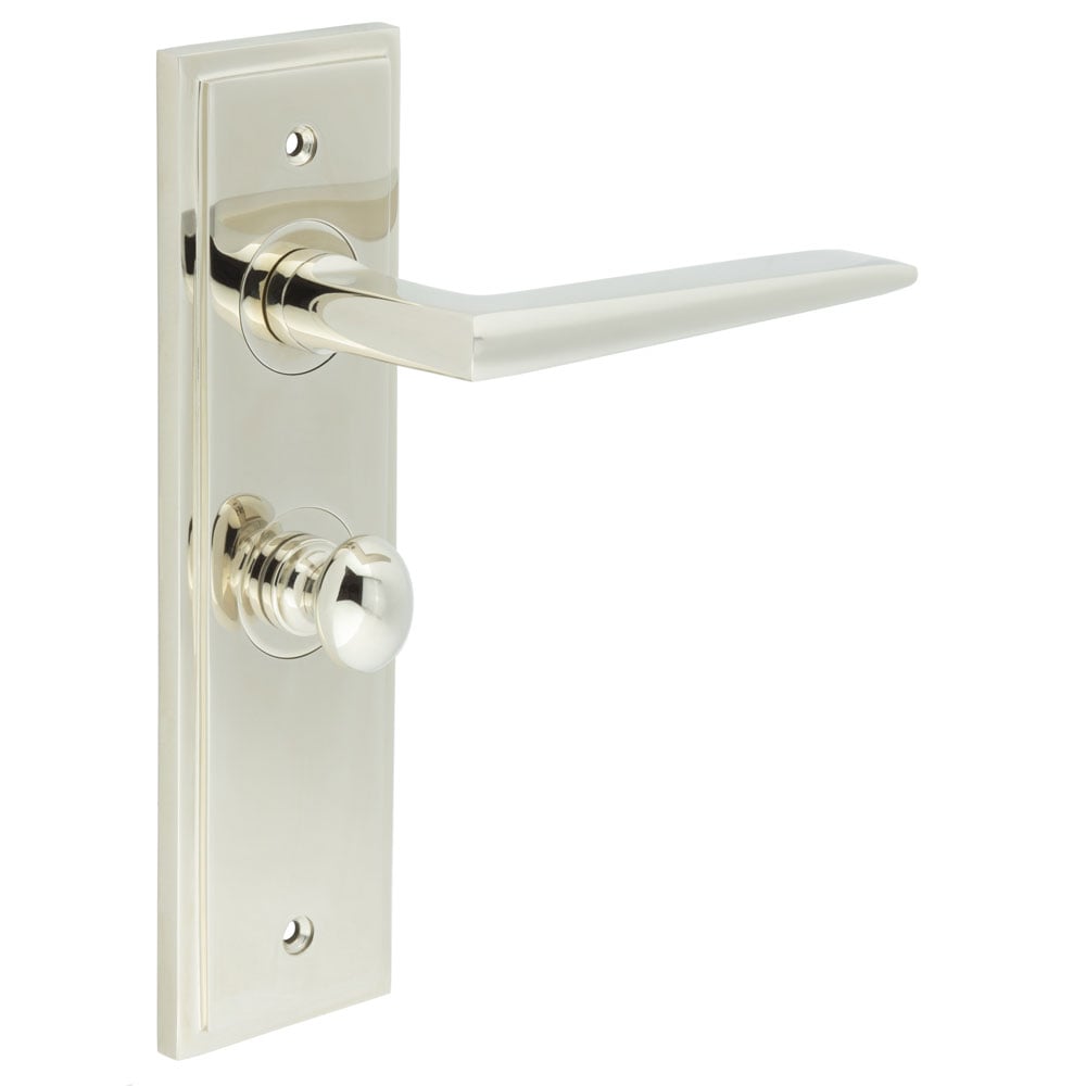 This is an image showing the Frelan - Mayfair Door Handle Bathroom Backplate Polished Nickel & Turn & Release available to order from Trade Door Handles in Kendal