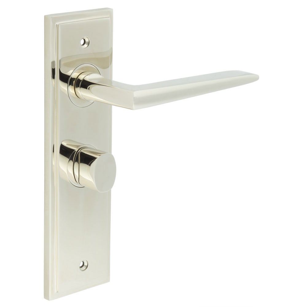 This is an image showing the Frelan - Mayfair Door Handle Bathroom Backplate Polished Nickel & Turn & Release available to order from Trade Door Handles in Kendal