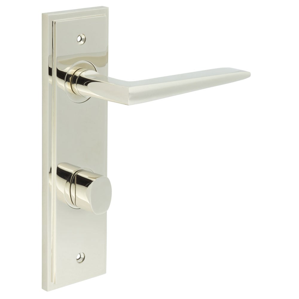 This is an image showing the Frelan - Mayfair Door Handle Din Bathroom Backplate Polished Nickel & Turn & Release available to order from Trade Door Handles in Kendal