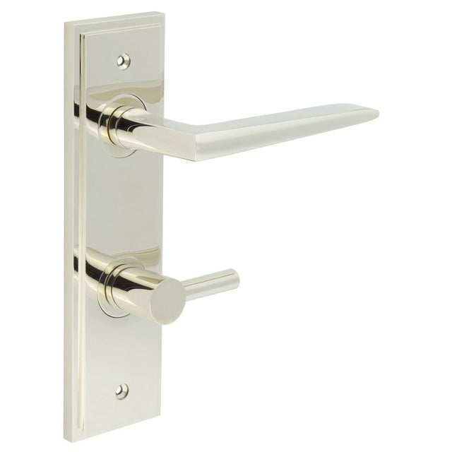 This is an image showing the Frelan - Mayfair Door Handle Din Bathroom Backplate Polished Nickel & Turn & Release available to order from Trade Door Handles in Kendal