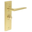 This is an image showing the Frelan - Mayfair Door Handle Bathroom Backplate Satin Brass & Turn & Release available to order from Trade Door Handles in Kendal