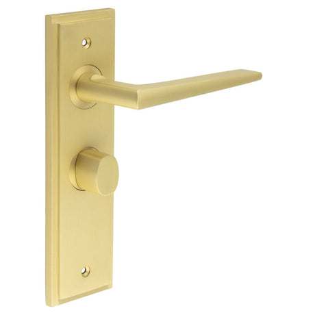 This is an image showing the Frelan - Mayfair Door Handle Bathroom Backplate Satin Brass & Turn & Release available to order from Trade Door Handles in Kendal