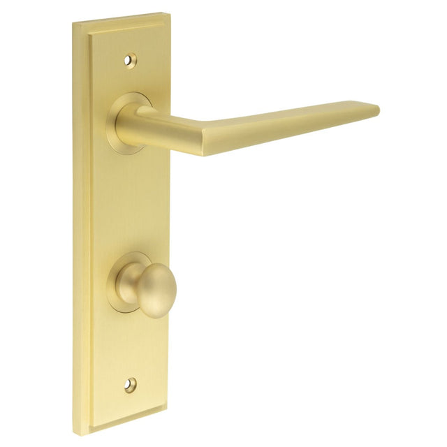 This is an image showing the Frelan - Mayfair Door Handle Din Bathroom Backplate Satin Brass & Turn & Release available to order from Trade Door Handles in Kendal