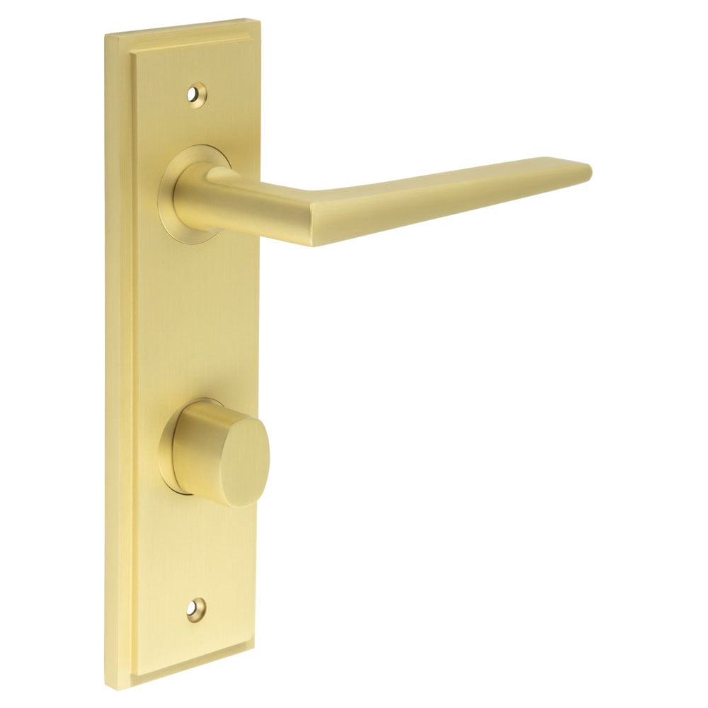 This is an image showing the Frelan - Mayfair Door Handle Din Bathroom Backplate Satin Brass & Turn & Release available to order from Trade Door Handles in Kendal