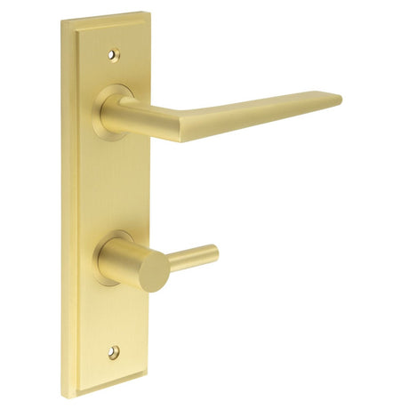 This is an image showing the Frelan - Mayfair Door Handle Din Bathroom Backplate Satin Brass & Turn & Release available to order from Trade Door Handles in Kendal