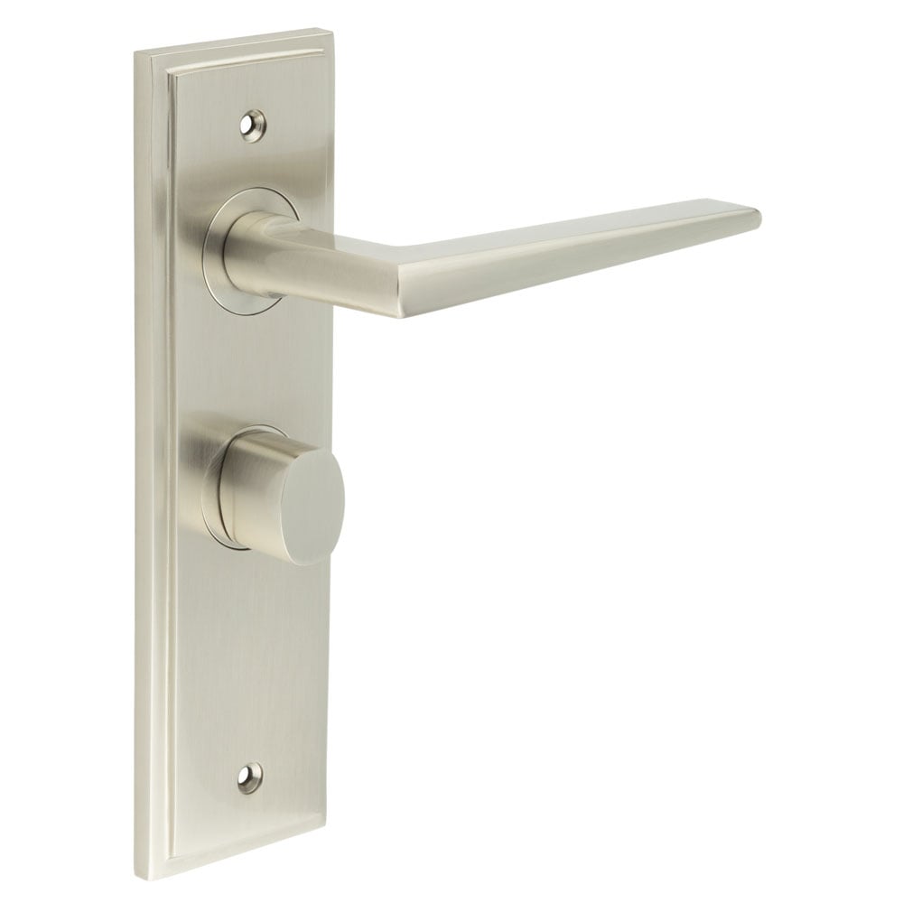 This is an image showing the Frelan - Mayfair Door Handle Bathroom Backplate Satin Nickel & Turn & Release available to order from Trade Door Handles in Kendal