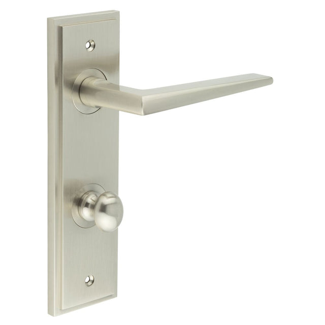 This is an image showing the Frelan - Mayfair Door Handle Din Bathroom Backplate Satin Nickel & Turn & Release available to order from Trade Door Handles in Kendal