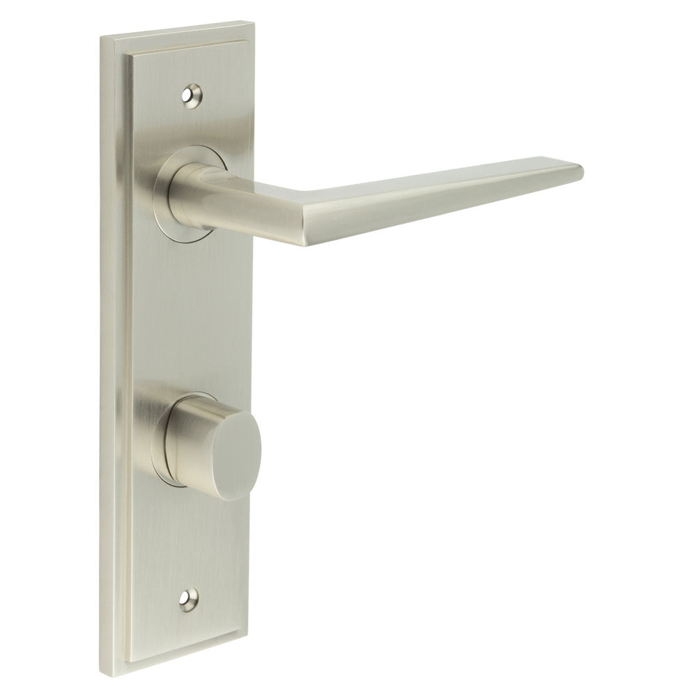 High quality image of Burlington - Mayfair Door Handle Din Bathroom Backplate Satin Nickel & Turn & Release Sku. BUR-10SN-456SN-81SN