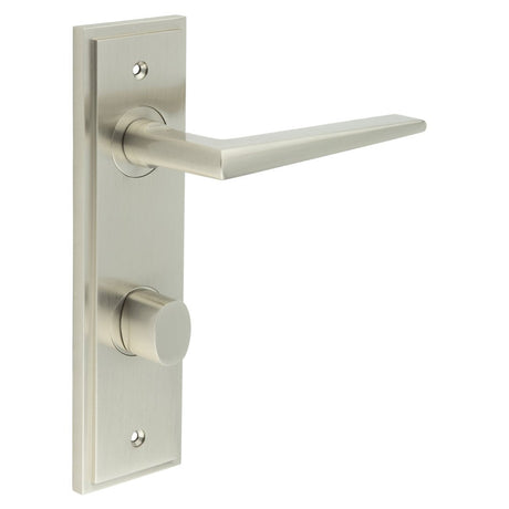 This is an image showing the Frelan - Mayfair Door Handle Din Bathroom Backplate Satin Nickel & Turn & Release available to order from Trade Door Handles in Kendal