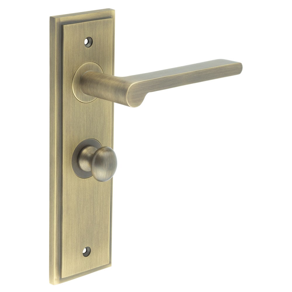 This is an image showing the Frelan - Fitzrovia Door Handle Bathroom Backplate Antique Brass & Turn & Release available to order from Trade Door Handles in Kendal