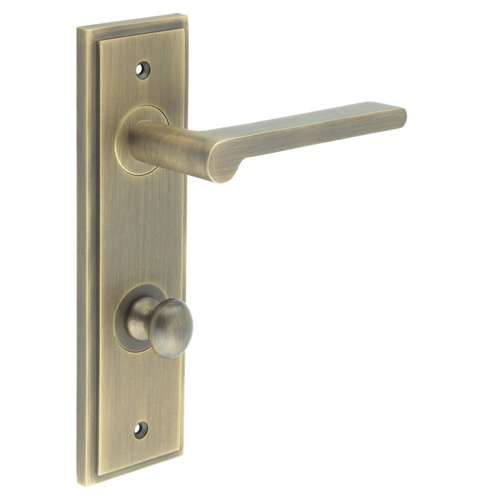 This is an image showing the Frelan - Fitzrovia Door Handle Din Bathroom Backplate Antique Brass & Turn & Release available to order from Trade Door Handles in Kendal