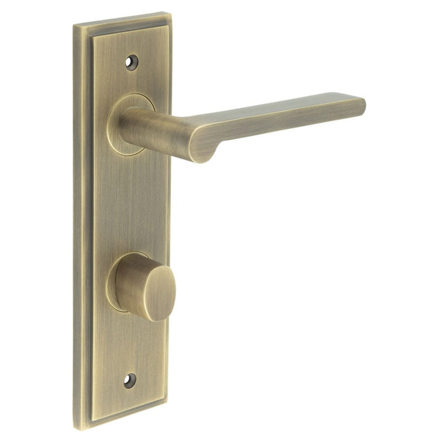 This is an image showing the Frelan - Fitzrovia Door Handle Din Bathroom Backplate Antique Brass & Turn & Release available to order from Trade Door Handles in Kendal