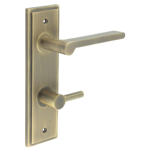 This is an image showing the Frelan - Fitzrovia Door Handle Din Bathroom Backplate Antique Brass & Turn & Release available to order from Trade Door Handles in Kendal