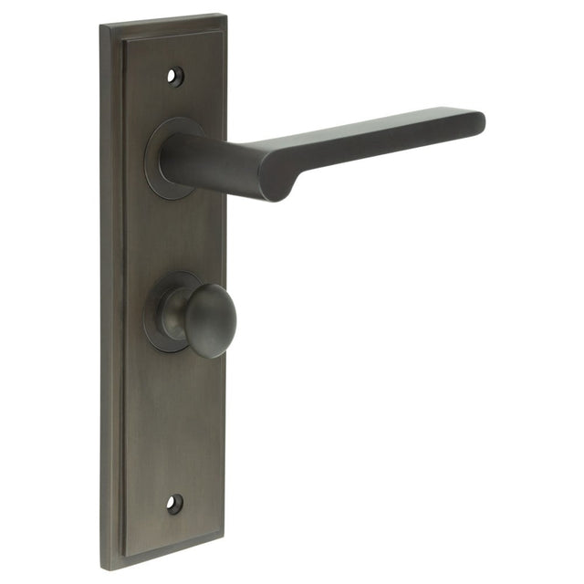 This is an image showing the Frelan - Fitzrovia Door Handle Bathroom Backplate Dark Bronze & Turn & Release available to order from Trade Door Handles in Kendal