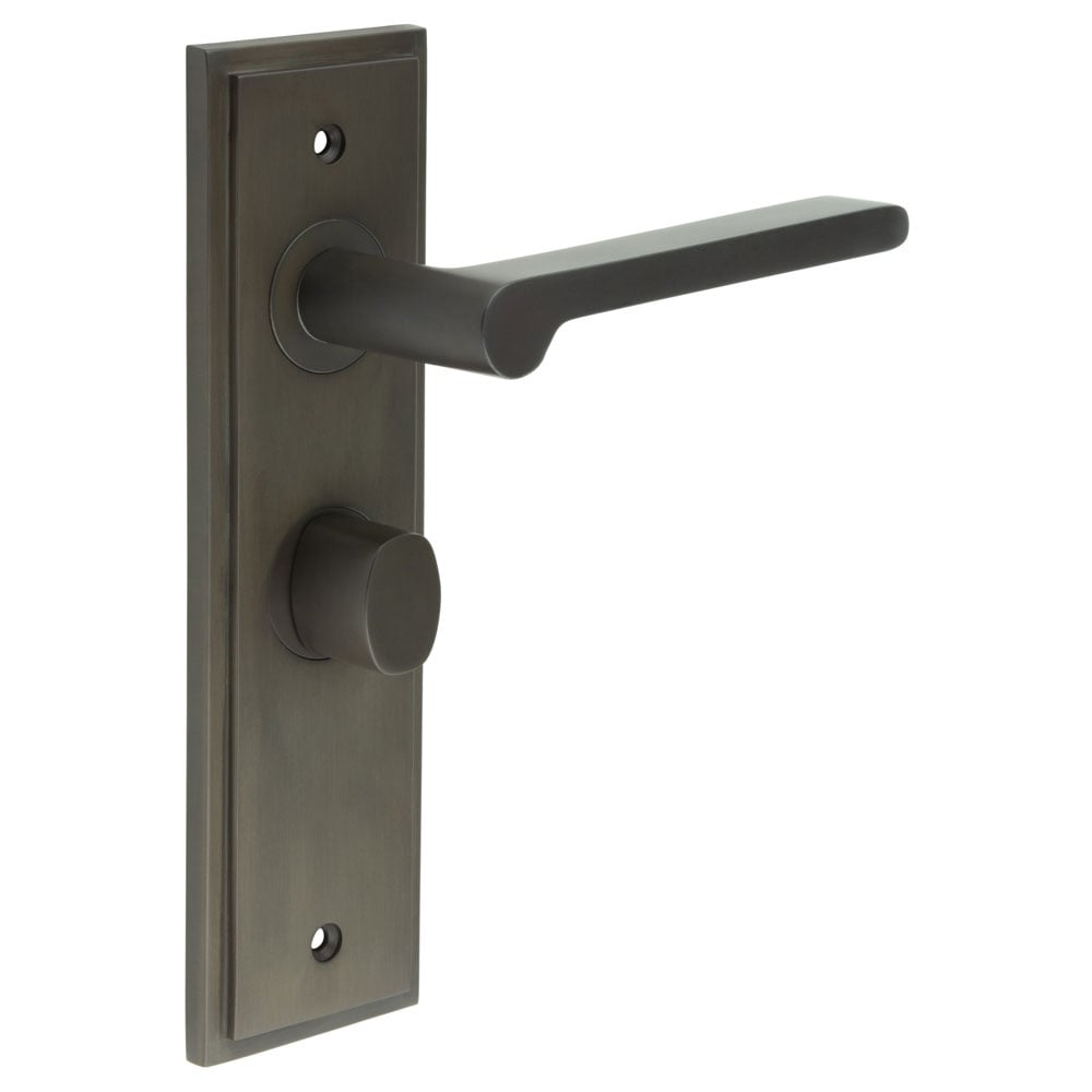 This is an image showing the Frelan - Fitzrovia Door Handle Bathroom Backplate Dark Bronze & Turn & Release available to order from Trade Door Handles in Kendal