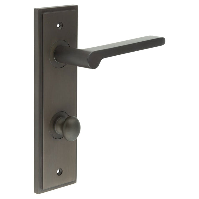 This is an image showing the Frelan - Fitzrovia Door Handle Din Bathroom Backplate Dark Bronze & Turn & Release available to order from Trade Door Handles in Kendal