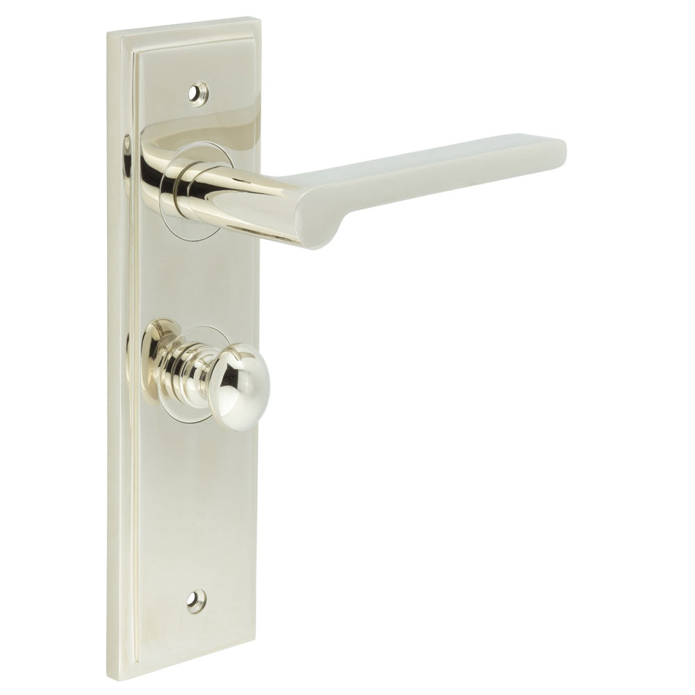 High quality image of Burlington - Fitzrovia Door Handle Bathroom Backplate Polished Nickel & Turn & Release Sku. BUR-15PN-453PN-80PN