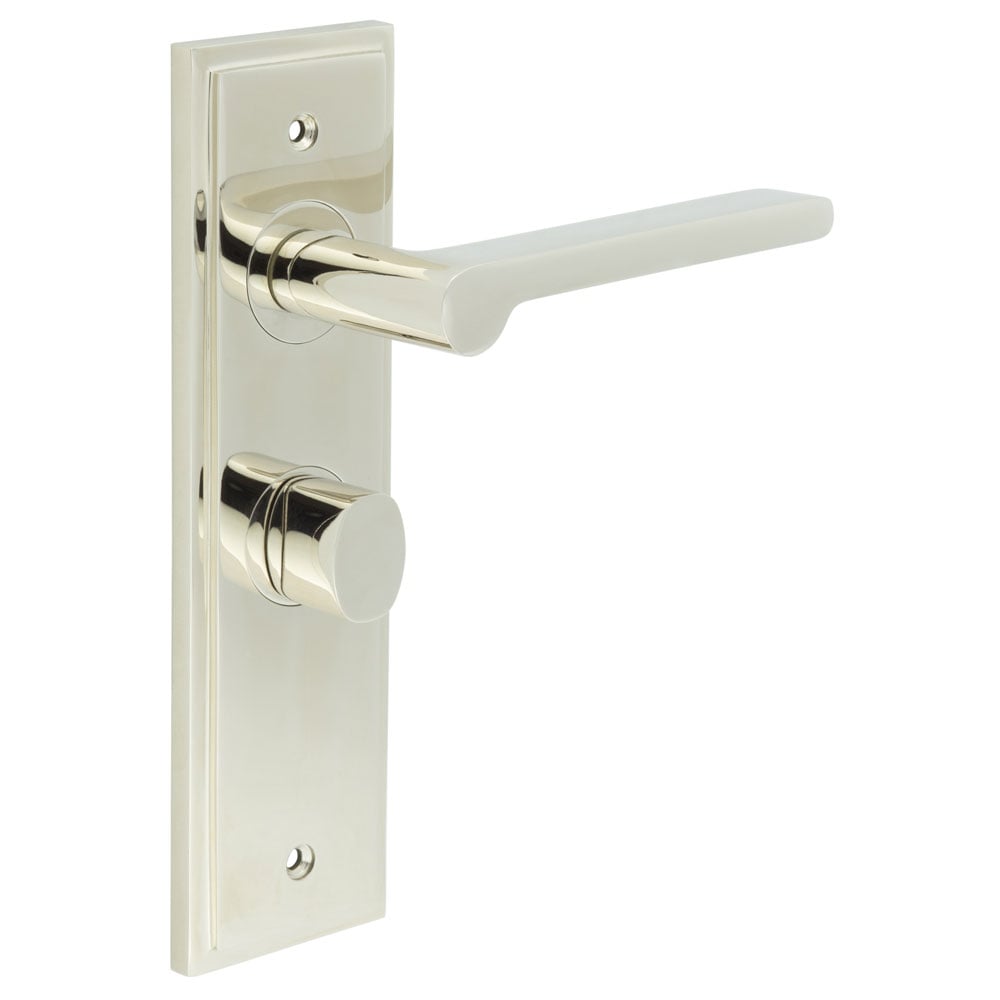 This is an image showing the Frelan - Fitzrovia Door Handle Bathroom Backplate Polished Nickel & Turn & Release available to order from Trade Door Handles in Kendal