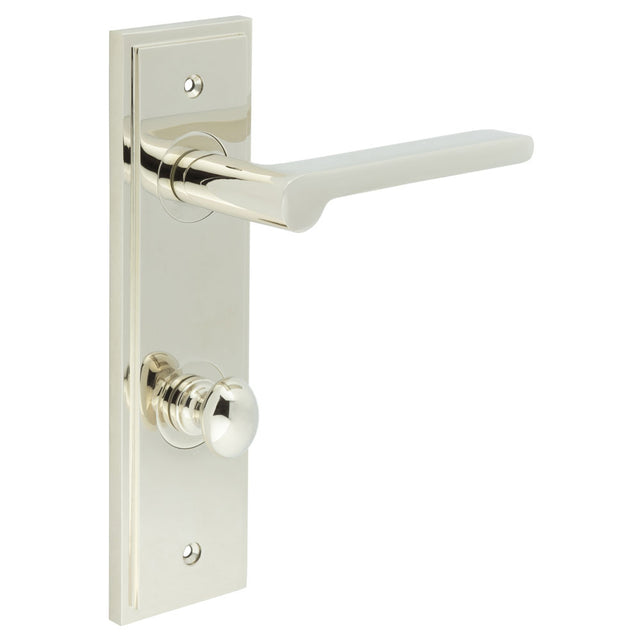 High quality image of Burlington - Fitzrovia Door Handle Din Bathroom Backplate Polished Nickel & Turn & Release Sku. BUR-15PN-456PN-80PN
