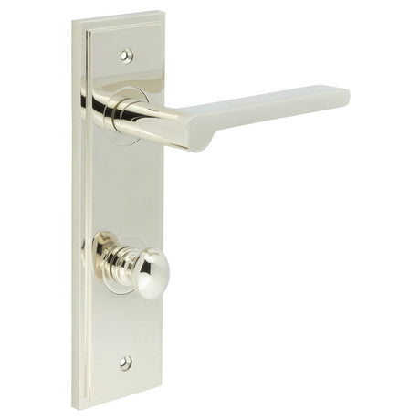 This is an image showing the Frelan - Fitzrovia Door Handle Din Bathroom Backplate Polished Nickel & Turn & Release available to order from Trade Door Handles in Kendal