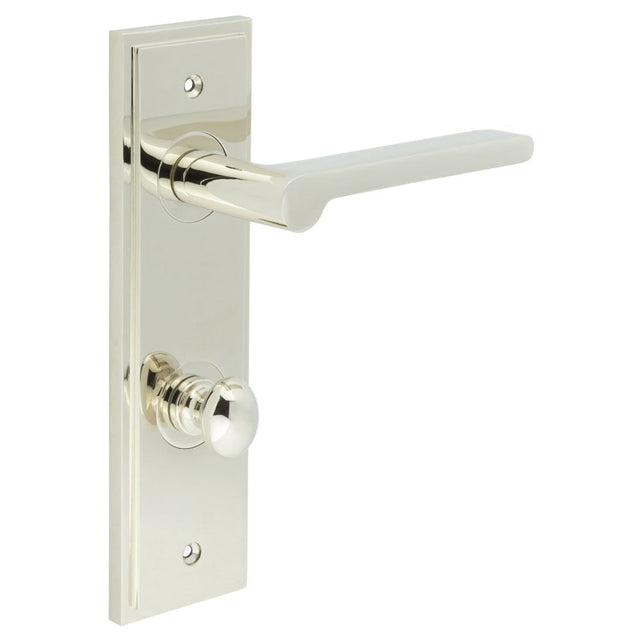 This is an image showing the Frelan - Fitzrovia Door Handle Din Bathroom Backplate Polished Nickel & Turn & Release available to order from Trade Door Handles in Kendal