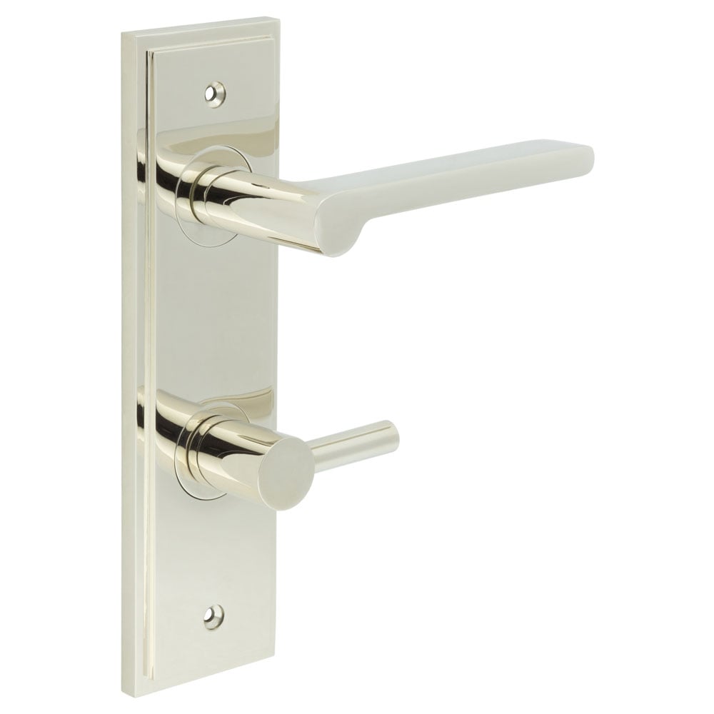 This is an image showing the Frelan - Fitzrovia Door Handle Din Bathroom Backplate Polished Nickel & Turn & Release available to order from Trade Door Handles in Kendal