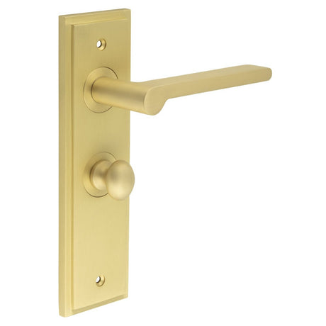 This is an image showing the Frelan - Fitzrovia Door Handle Bathroom Backplate Satin Brass & Turn & Release available to order from Trade Door Handles in Kendal