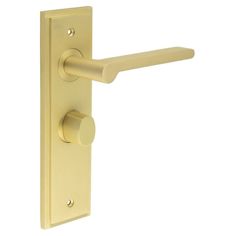 This is an image showing the Frelan - Fitzrovia Door Handle Bathroom Backplate Satin Brass & Turn & Release available to order from Trade Door Handles in Kendal